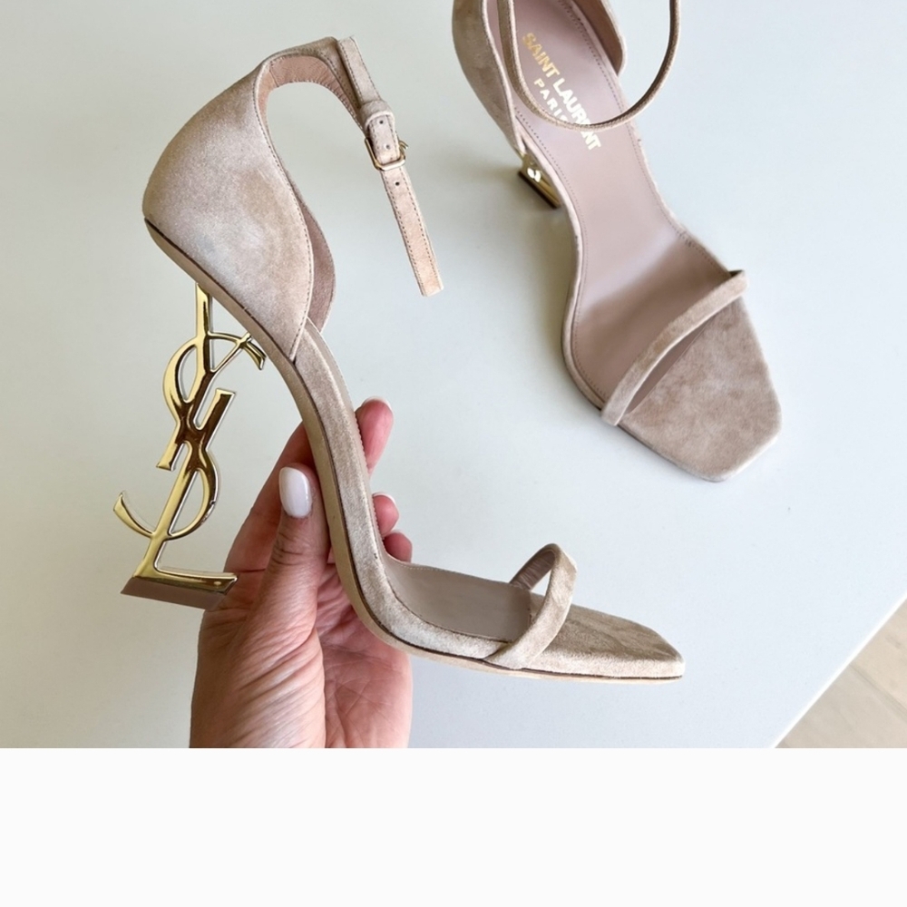 Saint Laurent Beige Heeled Sandals with Gold Accent